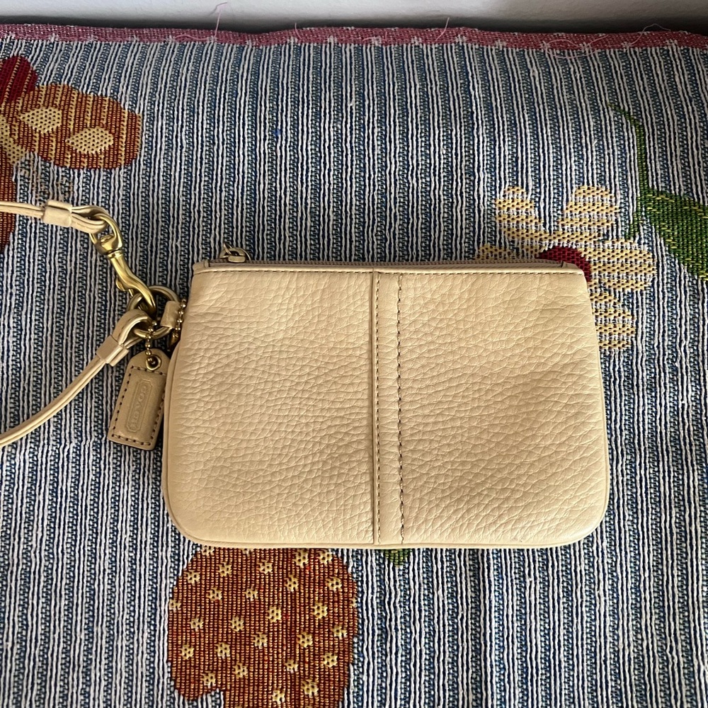 Coach Cream Pebbled Leather Wristlet with Gold-Tone Hardware